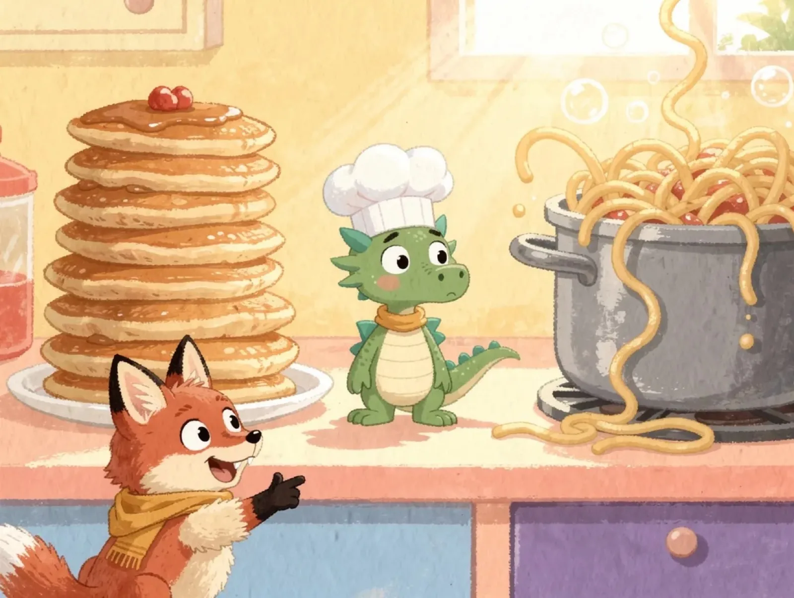 Before: the dragon stands between a pancake tower and a pot of spaghetti