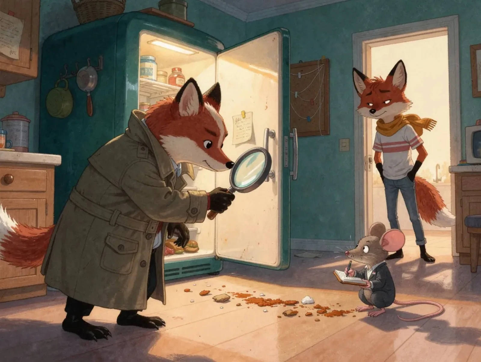 A fox detective in a trench coat inspects an open fridge through a magnifying glass; a mouse takes notes and an older fox kid watches, unconvinced, from the doorway