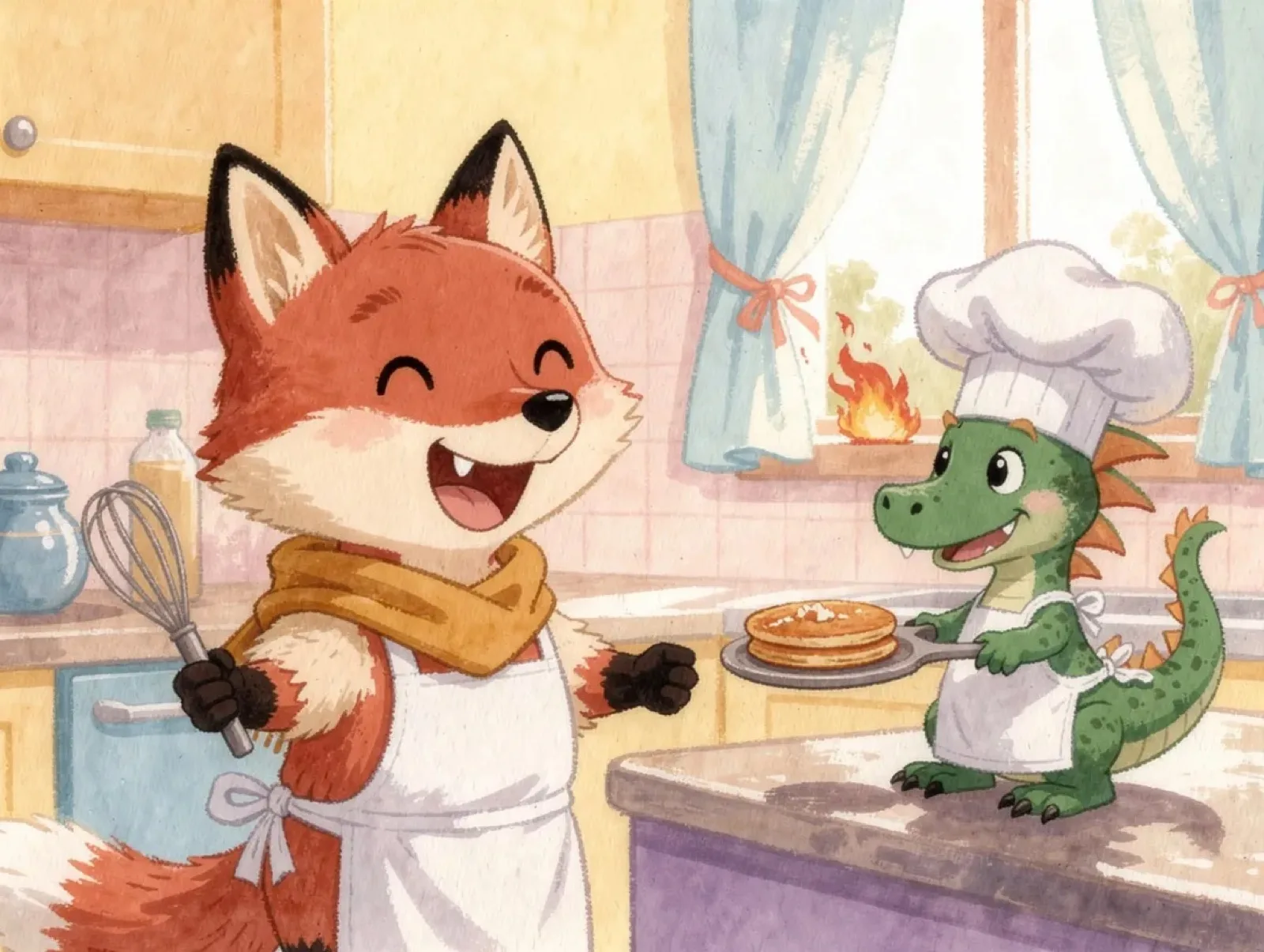 After: the dragon and the fox are cooking pancakes