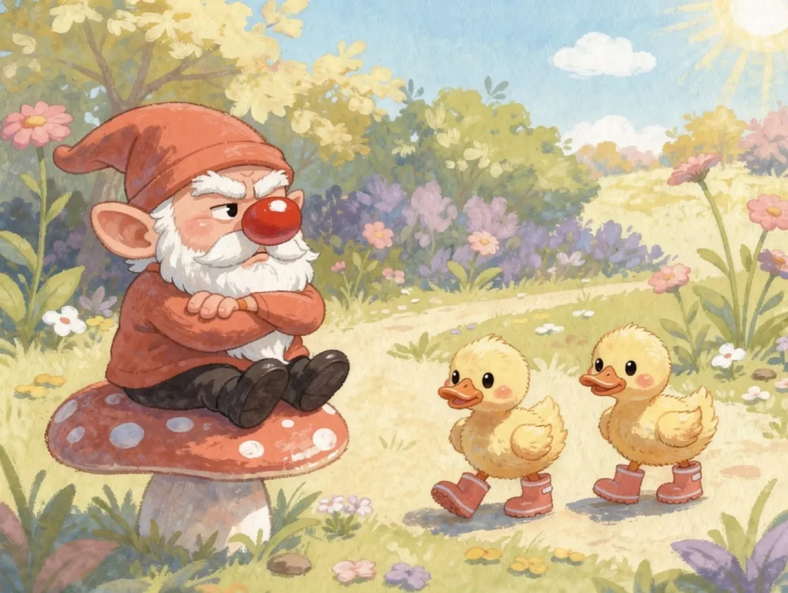 A grumpy gnome with a red nose sits on a toadstool while two ducklings in boots walk past