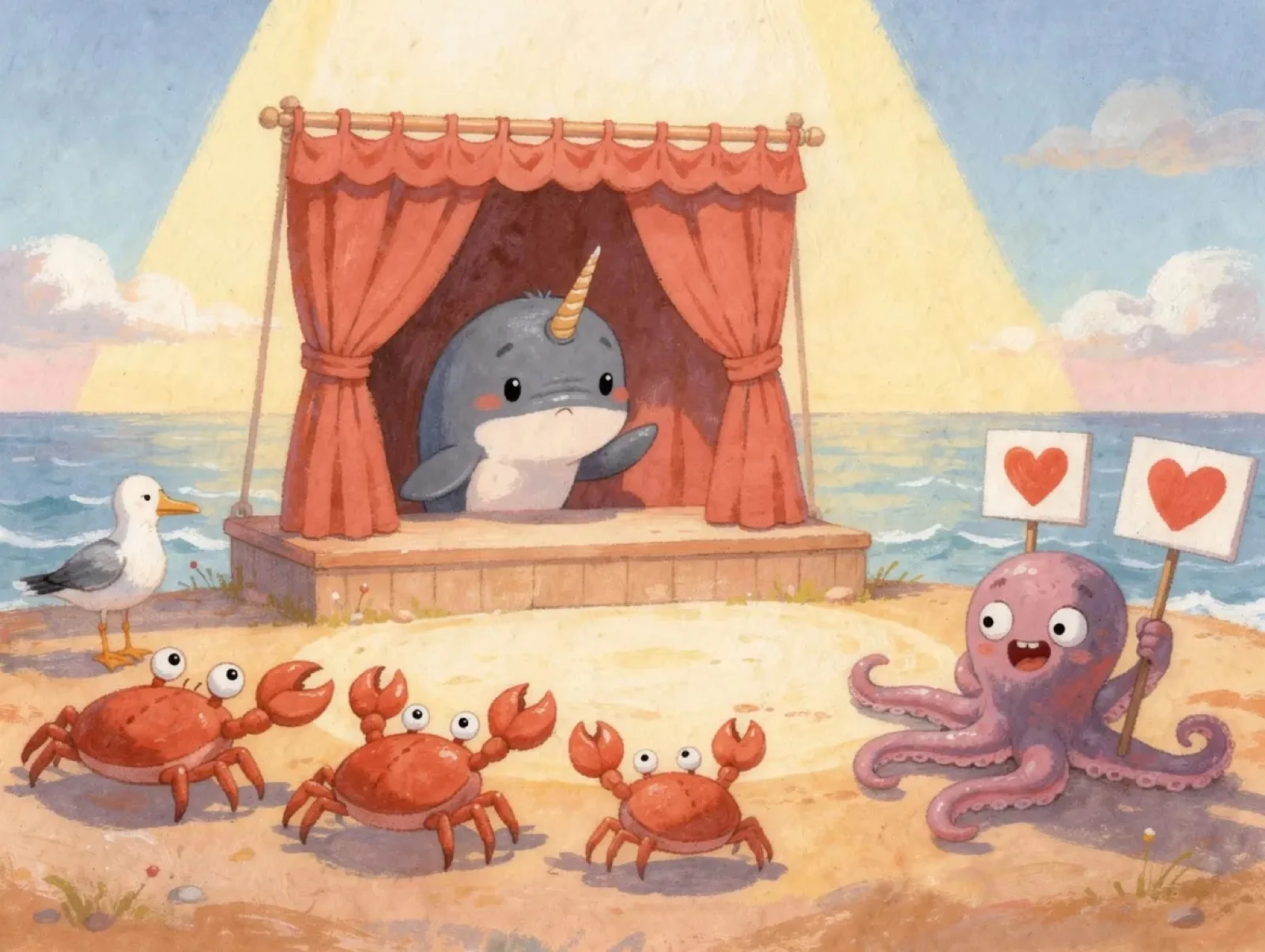 A shy narwhal peeks out between theatre curtains on a beach; crabs and an octopus cheer