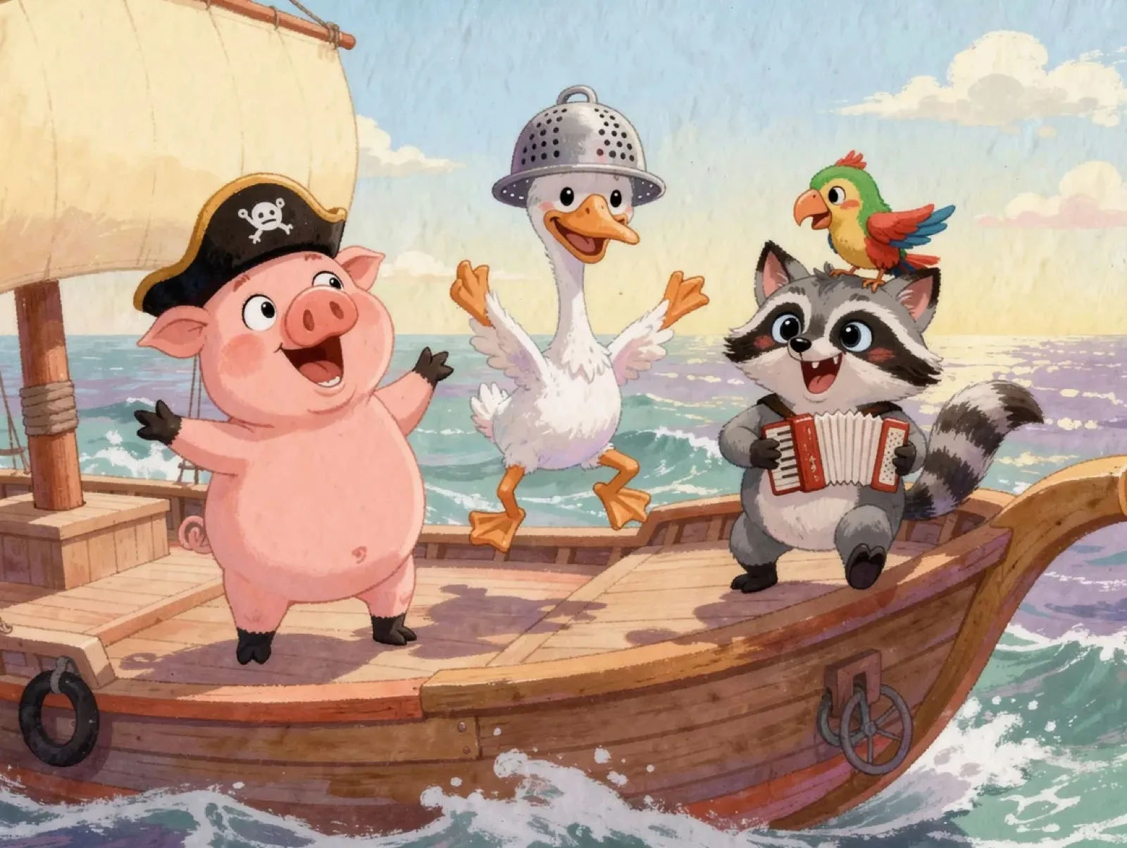 A pig in a pirate hat, a goose in a colander and a raccoon with an accordion dance on a boat