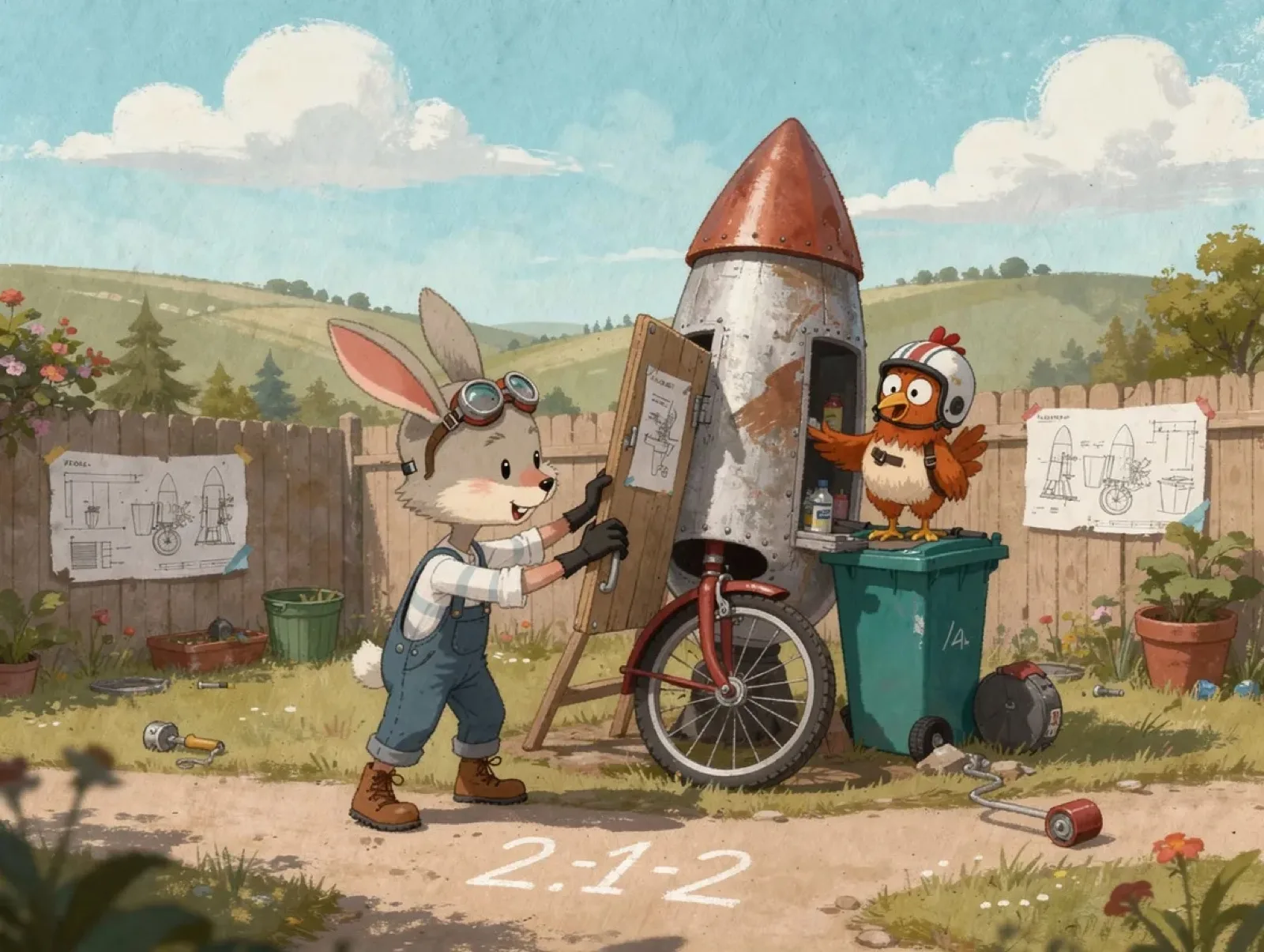A rabbit in goggles bolts a garden-shed door onto a home-made rocket with a bicycle wheel; a chicken in a crash helmet looks worried
