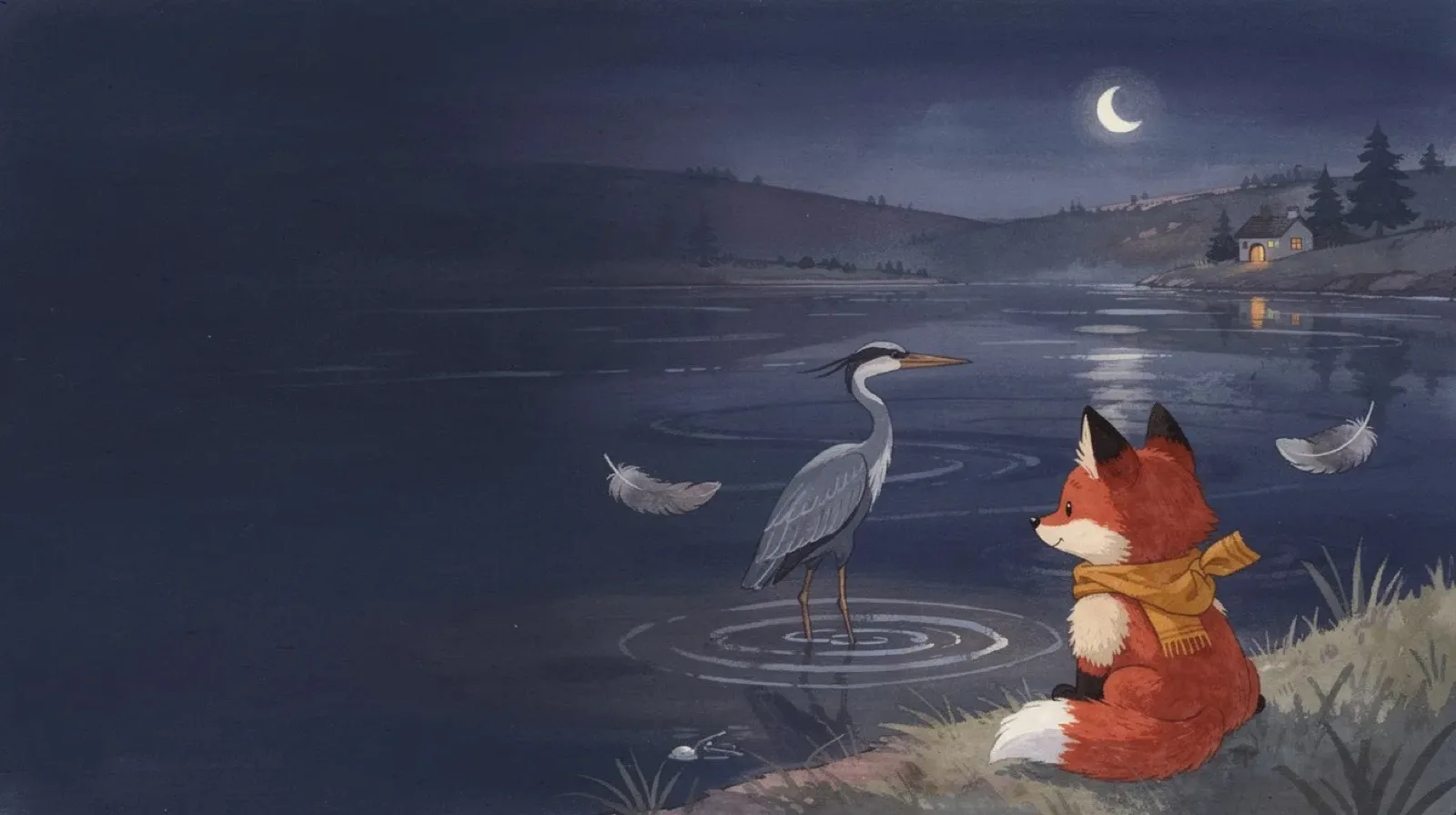 Pip the fox sits on a moonlit riverbank watching a grey heron wade, with feathers drifting and a lit cottage across the water