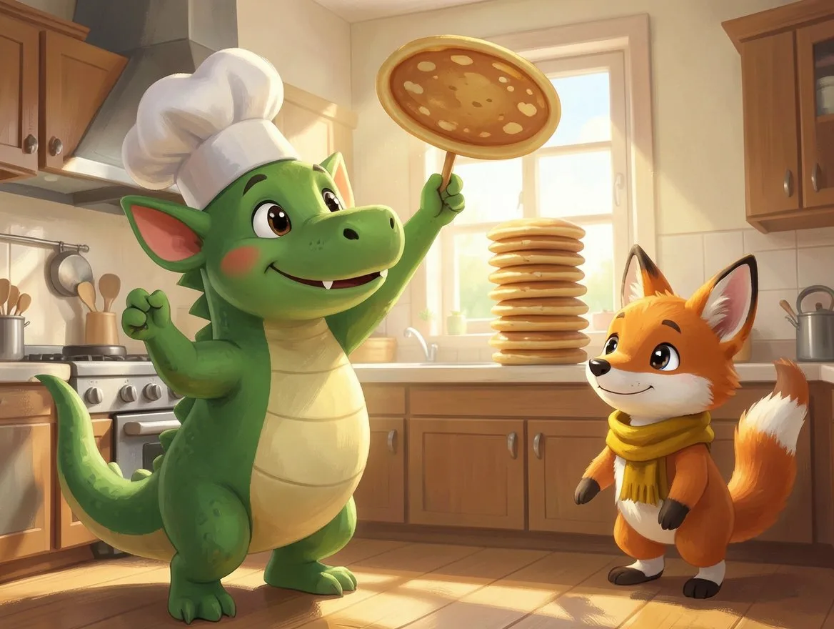 For age 4: a round, smiling green dragon in a chef's hat holds up a pancake; a small fox in a mustard scarf watches. Big simple shapes.